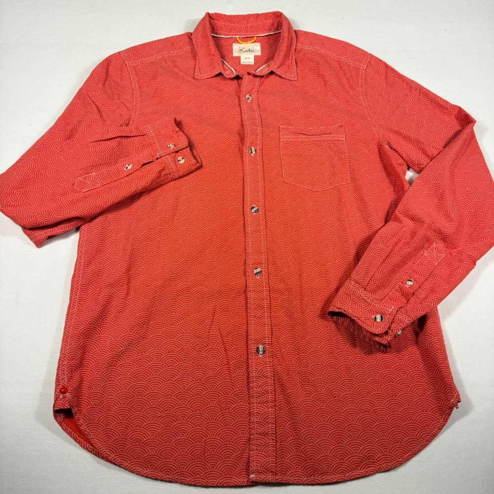 Koto Button Down Shirt Medium Red White Japanese Wave Print‎ Cotton Long Sleeve